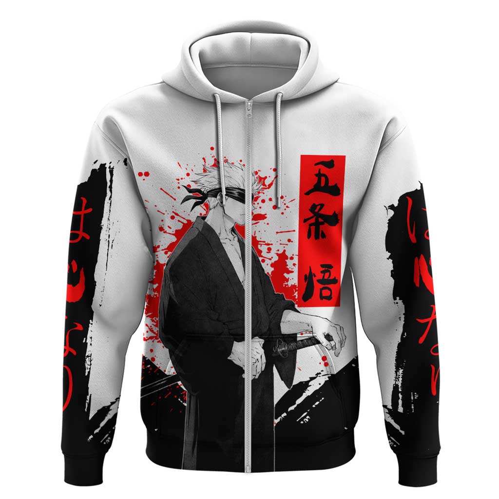 Satoru Gojo Jujutsu Kaisen Samurai Style Hoodie with Katana, Red Kanji and Oni Mask Illustration - The Mazicc