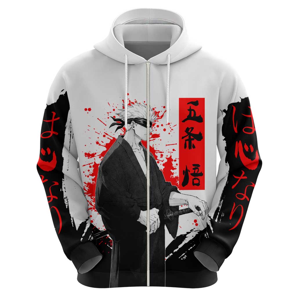 Satoru Gojo Jujutsu Kaisen Samurai Style Hoodie with Katana, Red Kanji and Oni Mask Illustration - The Mazicc