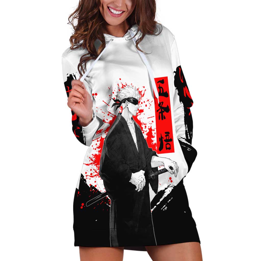 Satoru Gojo Jujutsu Kaisen Samurai Style Hoodie Dress with Katana, Red Kanji and Oni Mask Illustration - The Mazicc