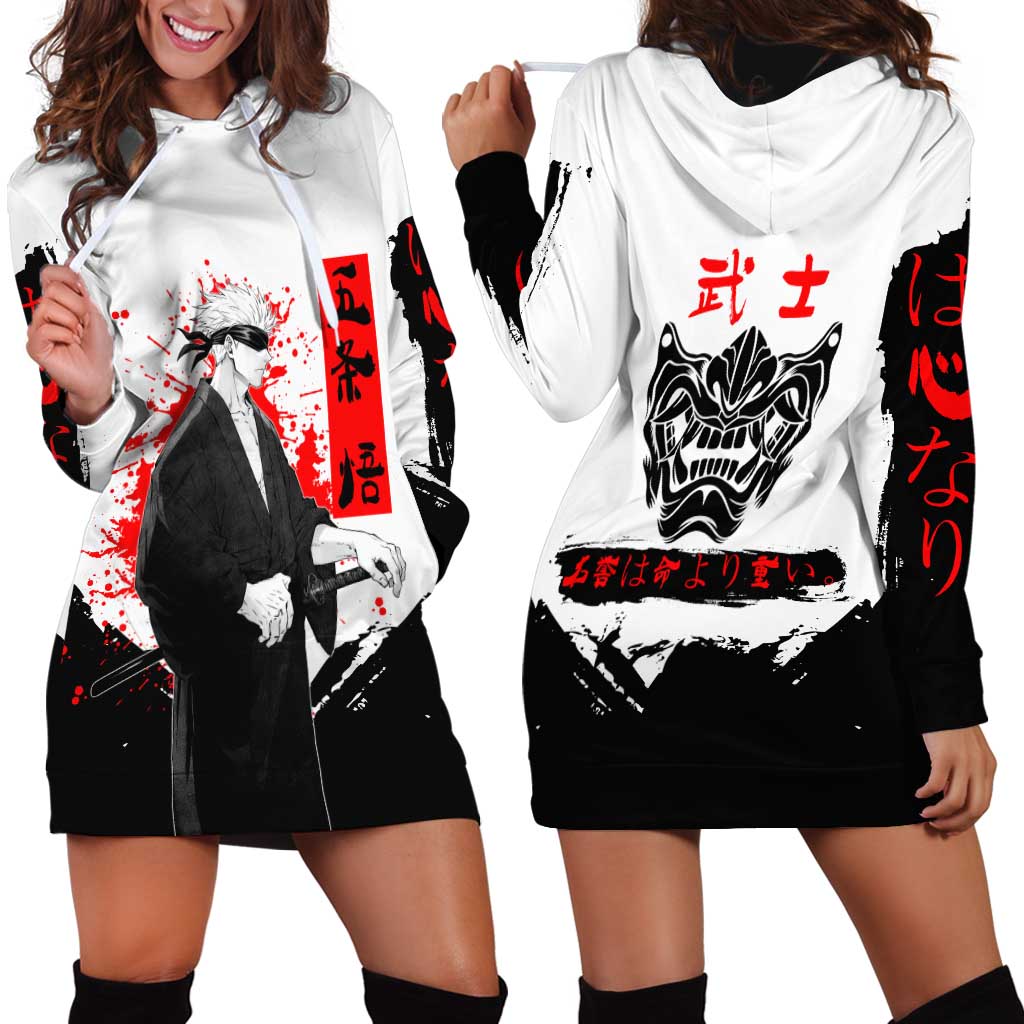 Satoru Gojo Jujutsu Kaisen Samurai Style Hoodie Dress with Katana, Red Kanji and Oni Mask Illustration - The Mazicc