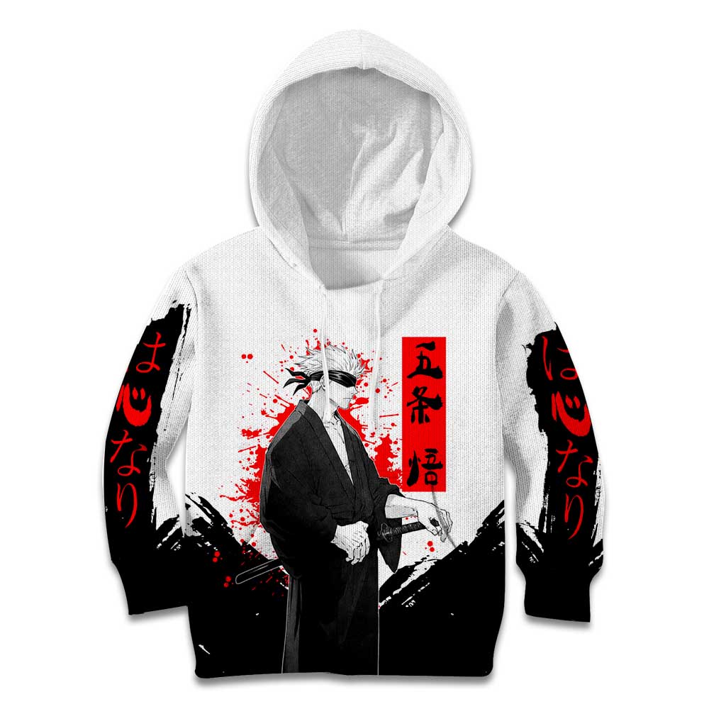 Satoru Gojo Jujutsu Kaisen Samurai Style Kid Hoodie with Katana, Red Kanji and Oni Mask Illustration - The Mazicc