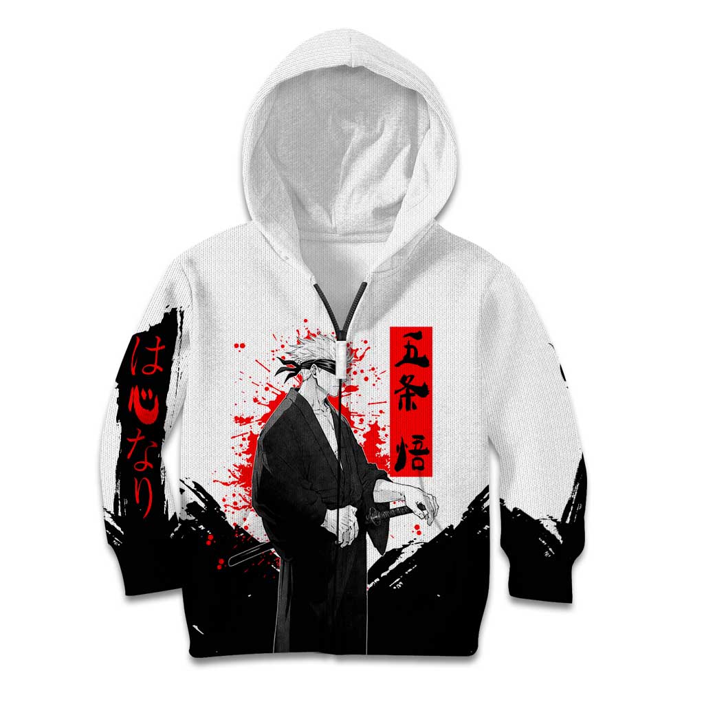Satoru Gojo Jujutsu Kaisen Samurai Style Kid Hoodie with Katana, Red Kanji and Oni Mask Illustration - The Mazicc