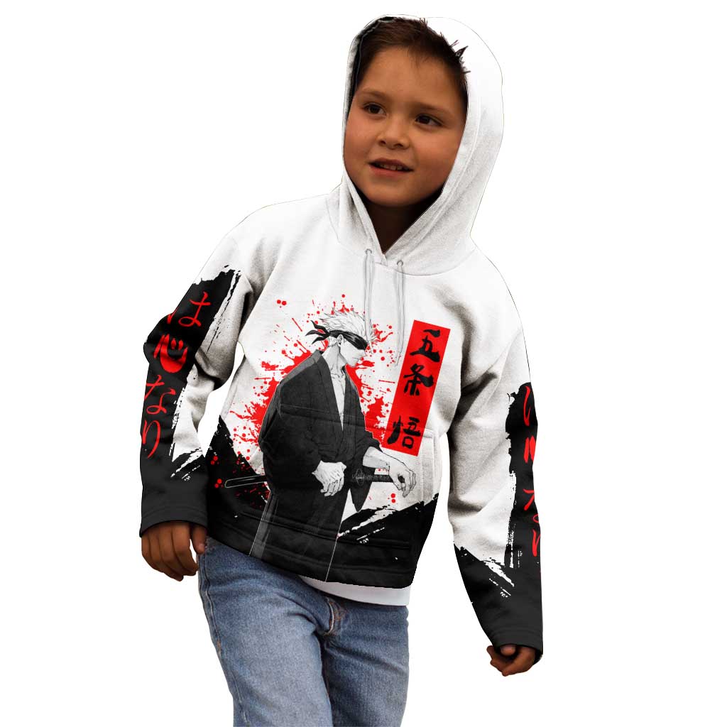 Satoru Gojo Jujutsu Kaisen Samurai Style Kid Hoodie with Katana, Red Kanji and Oni Mask Illustration - The Mazicc