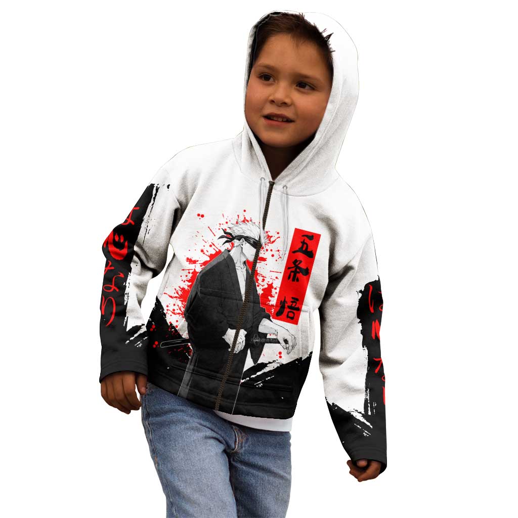 Satoru Gojo Jujutsu Kaisen Samurai Style Kid Hoodie with Katana, Red Kanji and Oni Mask Illustration - The Mazicc