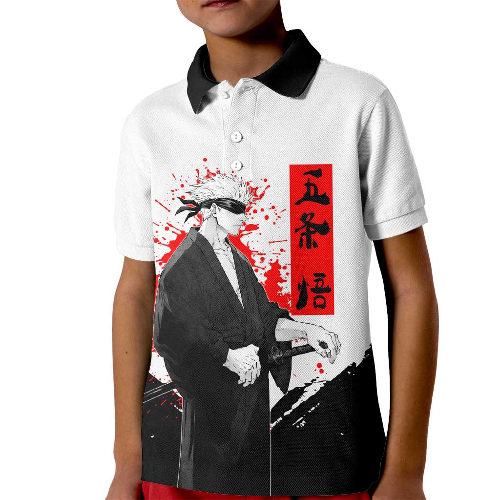 Satoru Gojo Jujutsu Kaisen Samurai Style Kid Polo Shirt with Katana, Red Kanji and Oni Mask Illustration - The Mazicc