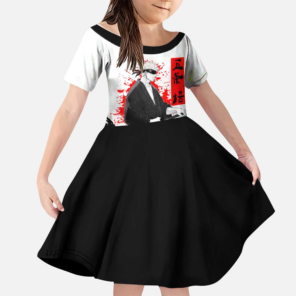 Satoru Gojo Jujutsu Kaisen Samurai Style Kid Short Sleeve Dress with Katana, Red Kanji and Oni Mask Illustration - The Mazicc