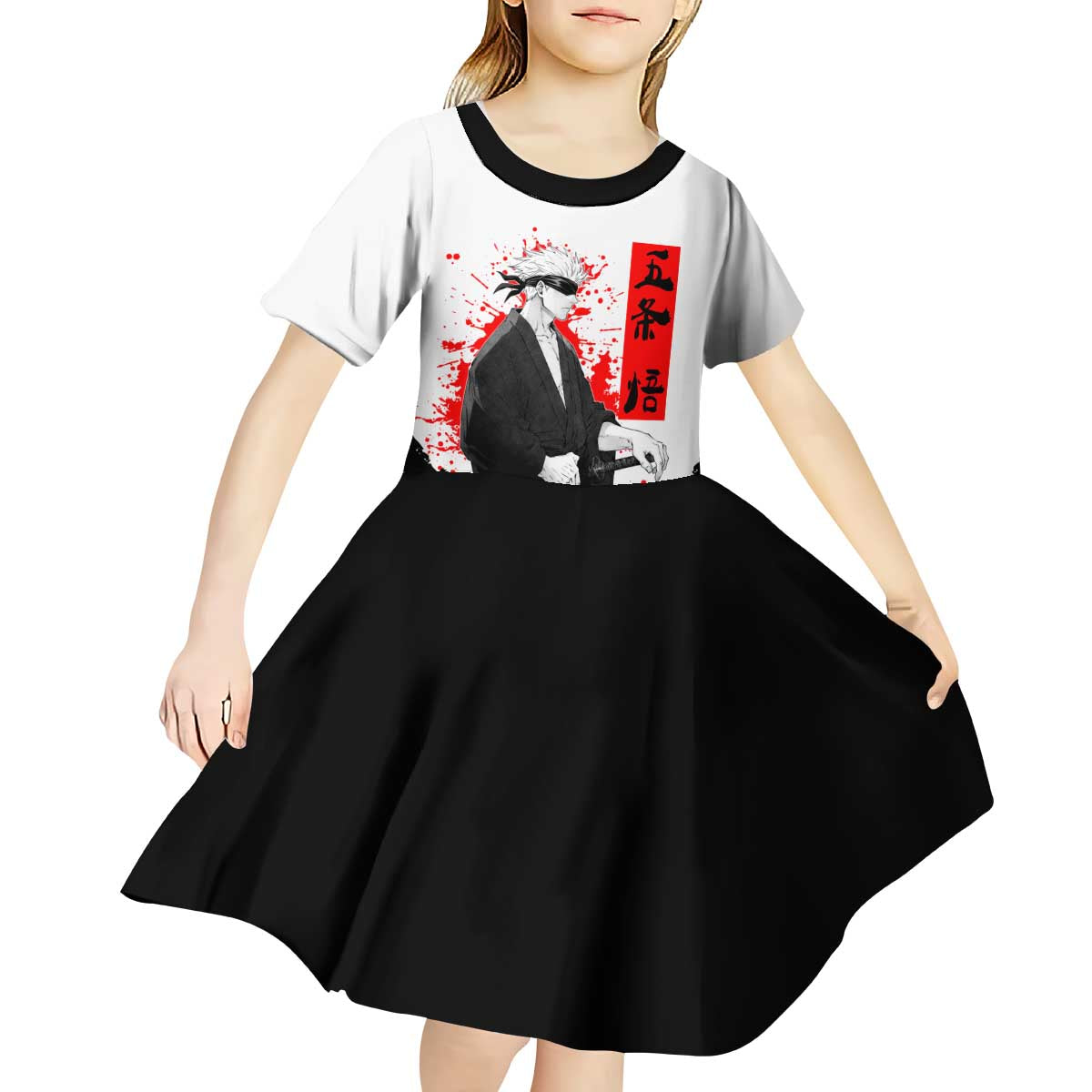 Satoru Gojo Jujutsu Kaisen Samurai Style Kid Short Sleeve Dress with Katana, Red Kanji and Oni Mask Illustration - The Mazicc