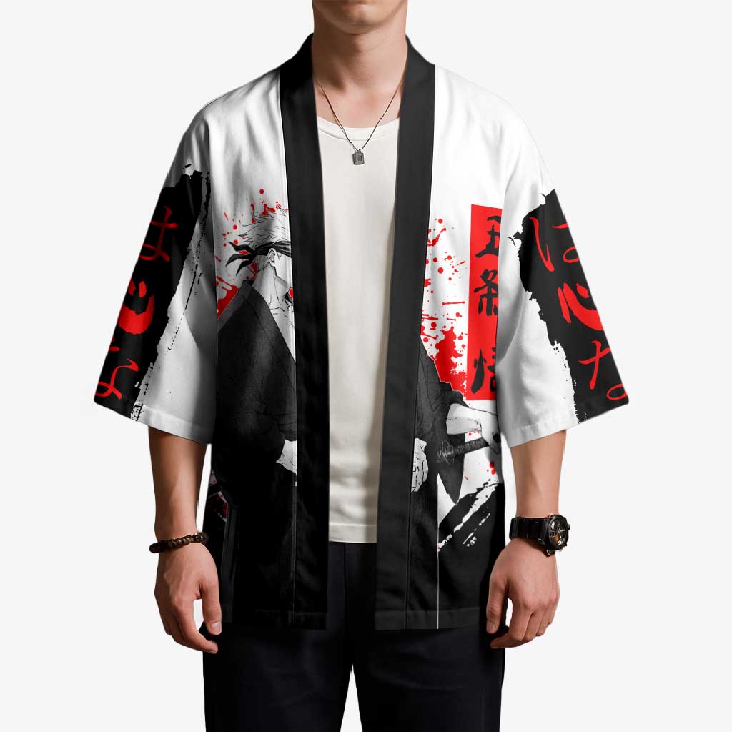 Satoru Gojo Jujutsu Kaisen Samurai Style Kimono with Katana, Red Kanji and Oni Mask Illustration - The Mazicc