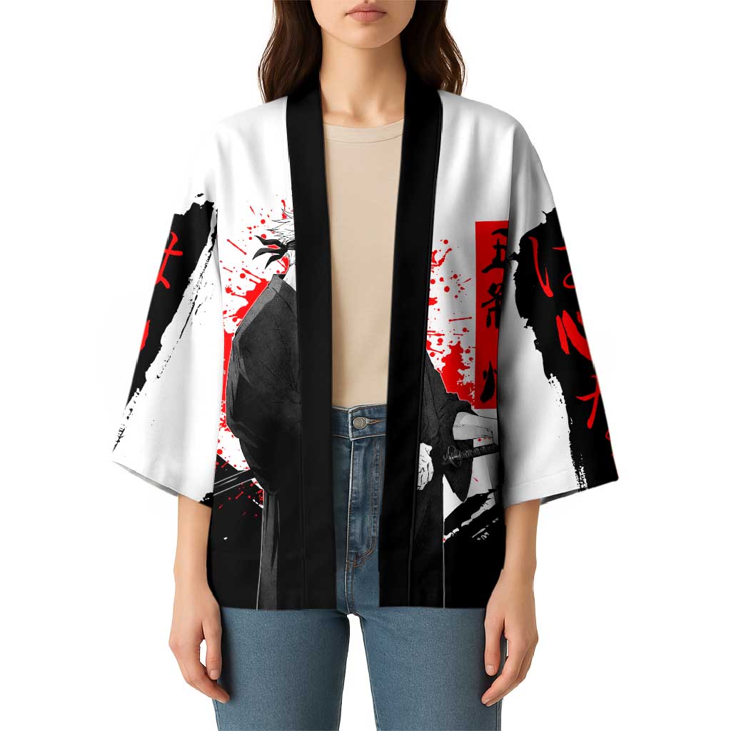 Satoru Gojo Jujutsu Kaisen Samurai Style Kimono with Katana, Red Kanji and Oni Mask Illustration - The Mazicc