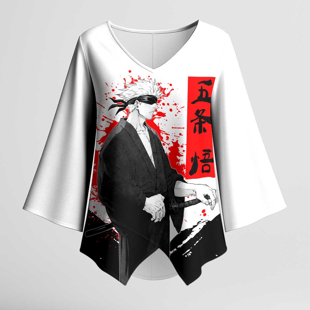 Satoru Gojo Jujutsu Kaisen Samurai Style Kimono Sleeve Blouse with Katana, Red Kanji and Oni Mask Illustration - The Mazicc