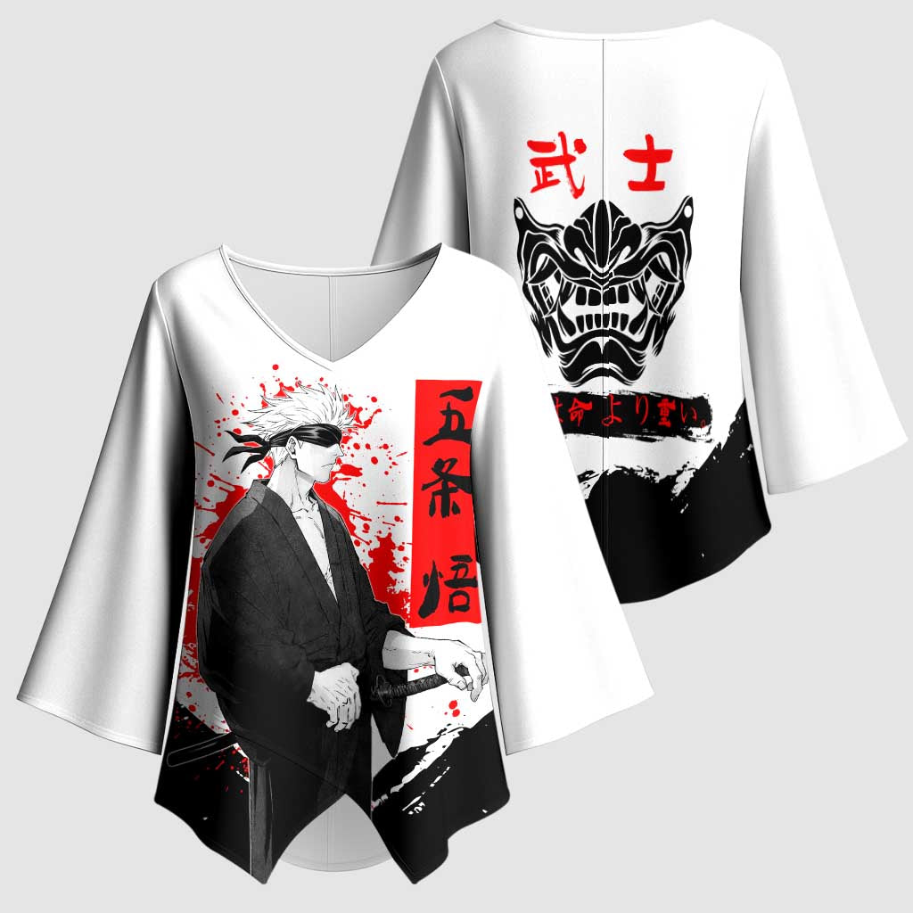 Satoru Gojo Jujutsu Kaisen Samurai Style Kimono Sleeve Blouse with Katana, Red Kanji and Oni Mask Illustration - The Mazicc