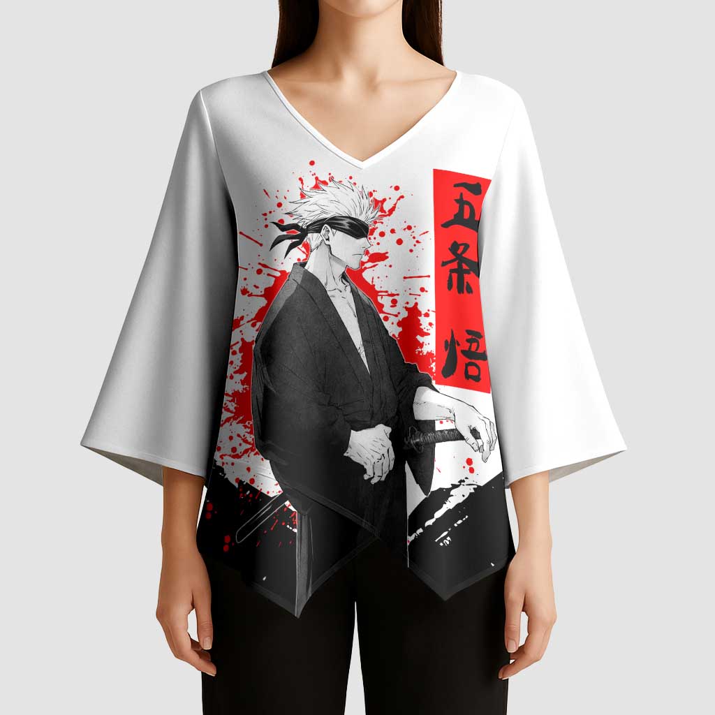 Satoru Gojo Jujutsu Kaisen Samurai Style Kimono Sleeve Blouse with Katana, Red Kanji and Oni Mask Illustration - The Mazicc