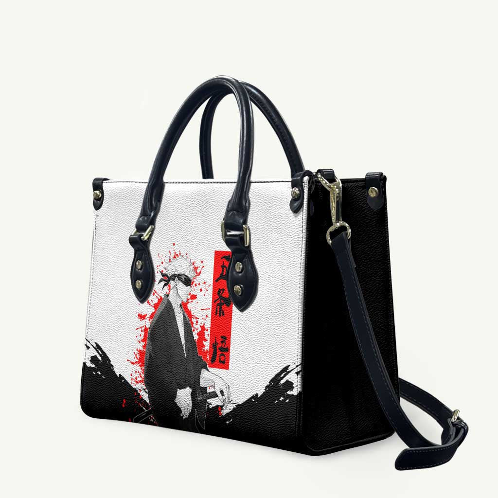 Satoru Gojo Jujutsu Kaisen Samurai Style Leather Bag with Katana, Red Kanji and Oni Mask Illustration - The Mazicc