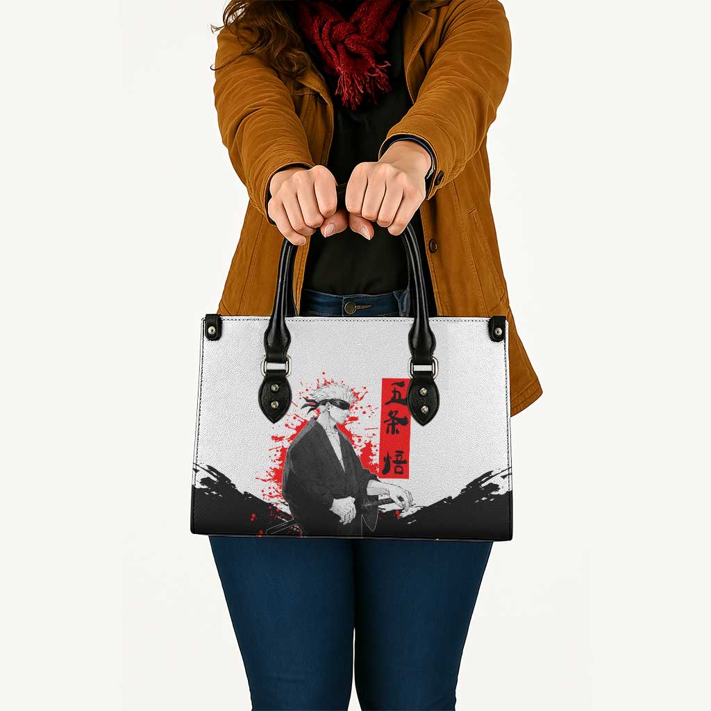 Satoru Gojo Jujutsu Kaisen Samurai Style Leather Bag with Katana, Red Kanji and Oni Mask Illustration - The Mazicc