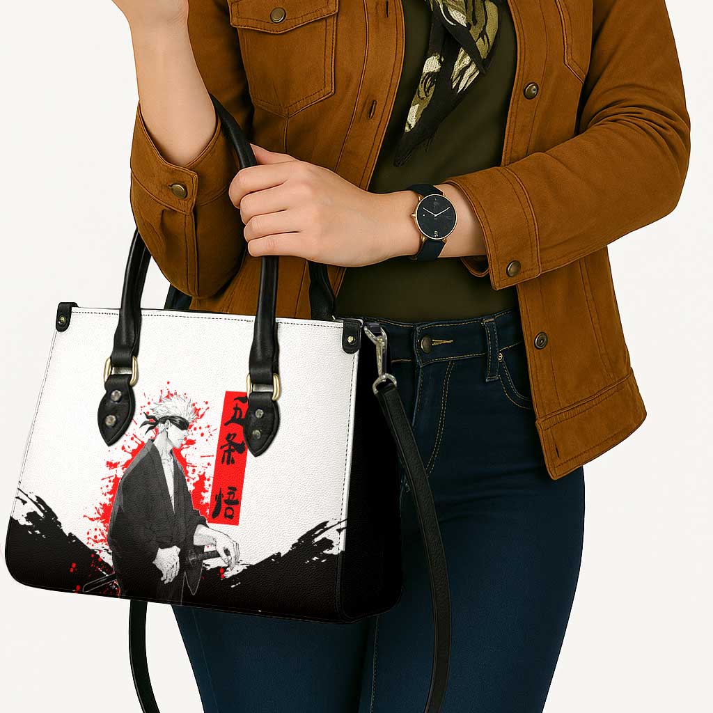 Satoru Gojo Jujutsu Kaisen Samurai Style Leather Bag with Katana, Red Kanji and Oni Mask Illustration - The Mazicc