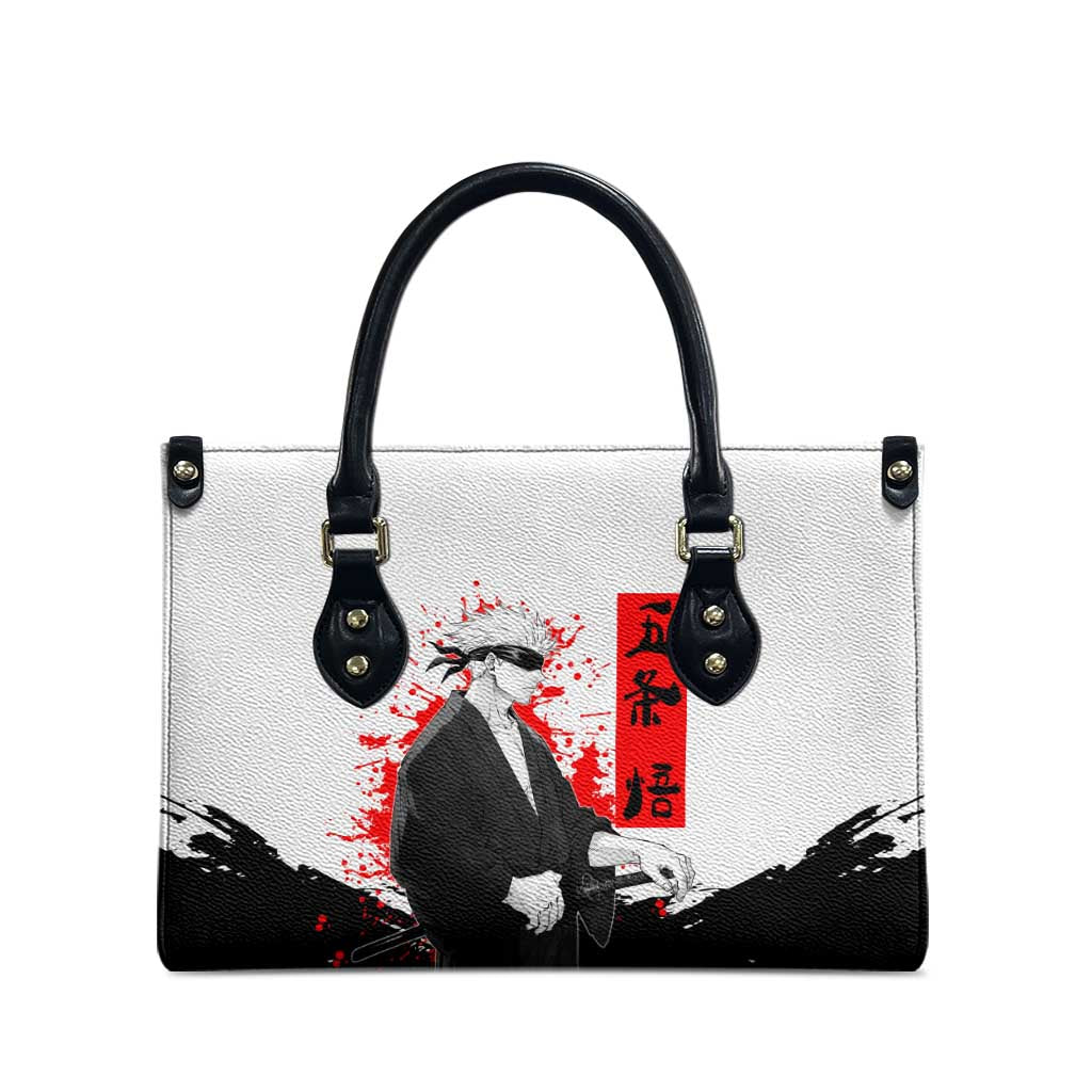 Satoru Gojo Jujutsu Kaisen Samurai Style Leather Bag with Katana, Red Kanji and Oni Mask Illustration - The Mazicc