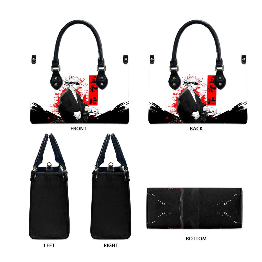 Satoru Gojo Jujutsu Kaisen Samurai Style Leather Bag with Katana, Red Kanji and Oni Mask Illustration - The Mazicc