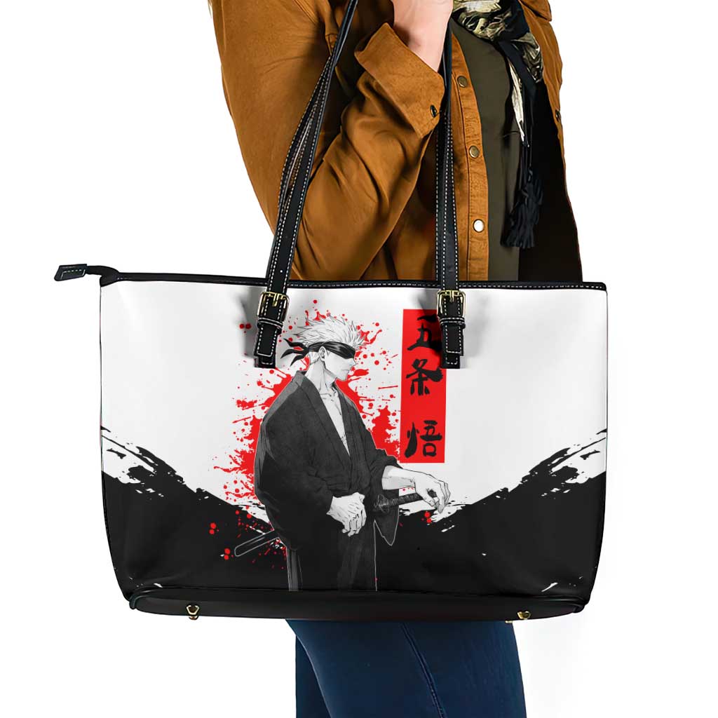 Satoru Gojo Jujutsu Kaisen Samurai Style Leather Tote Bag with Katana, Red Kanji and Oni Mask Illustration - The Mazicc