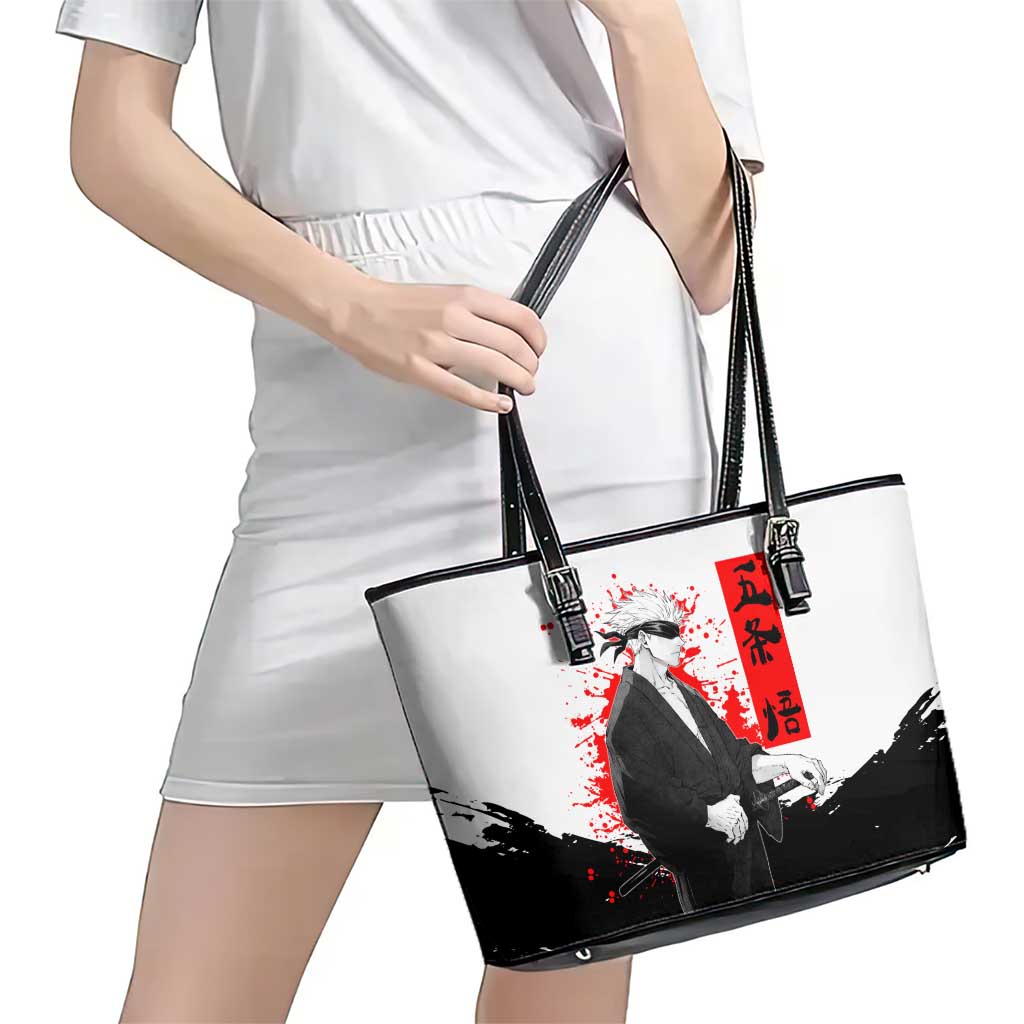 Satoru Gojo Jujutsu Kaisen Samurai Style Leather Tote Bag with Katana, Red Kanji and Oni Mask Illustration - The Mazicc