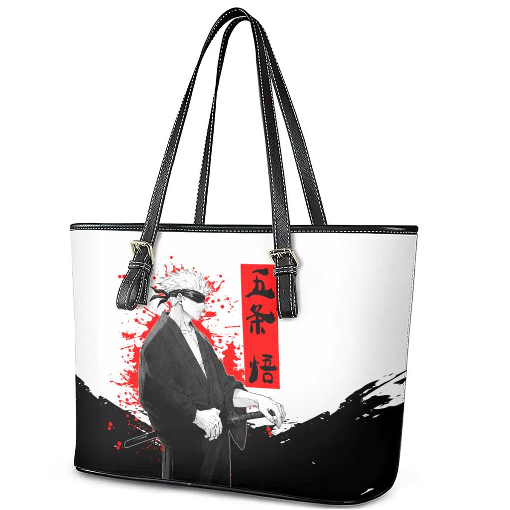 Satoru Gojo Jujutsu Kaisen Samurai Style Leather Tote Bag with Katana, Red Kanji and Oni Mask Illustration - The Mazicc