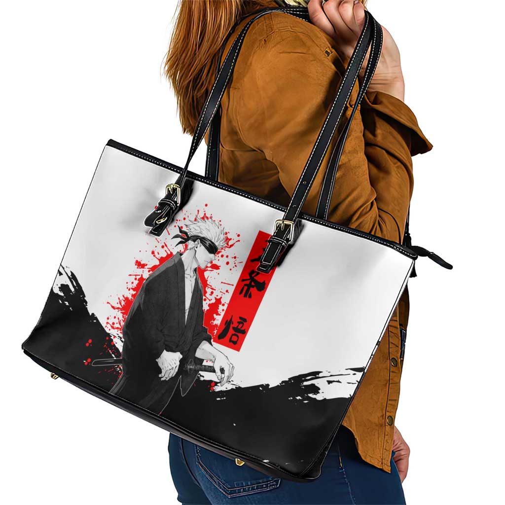 Satoru Gojo Jujutsu Kaisen Samurai Style Leather Tote Bag with Katana, Red Kanji and Oni Mask Illustration - The Mazicc