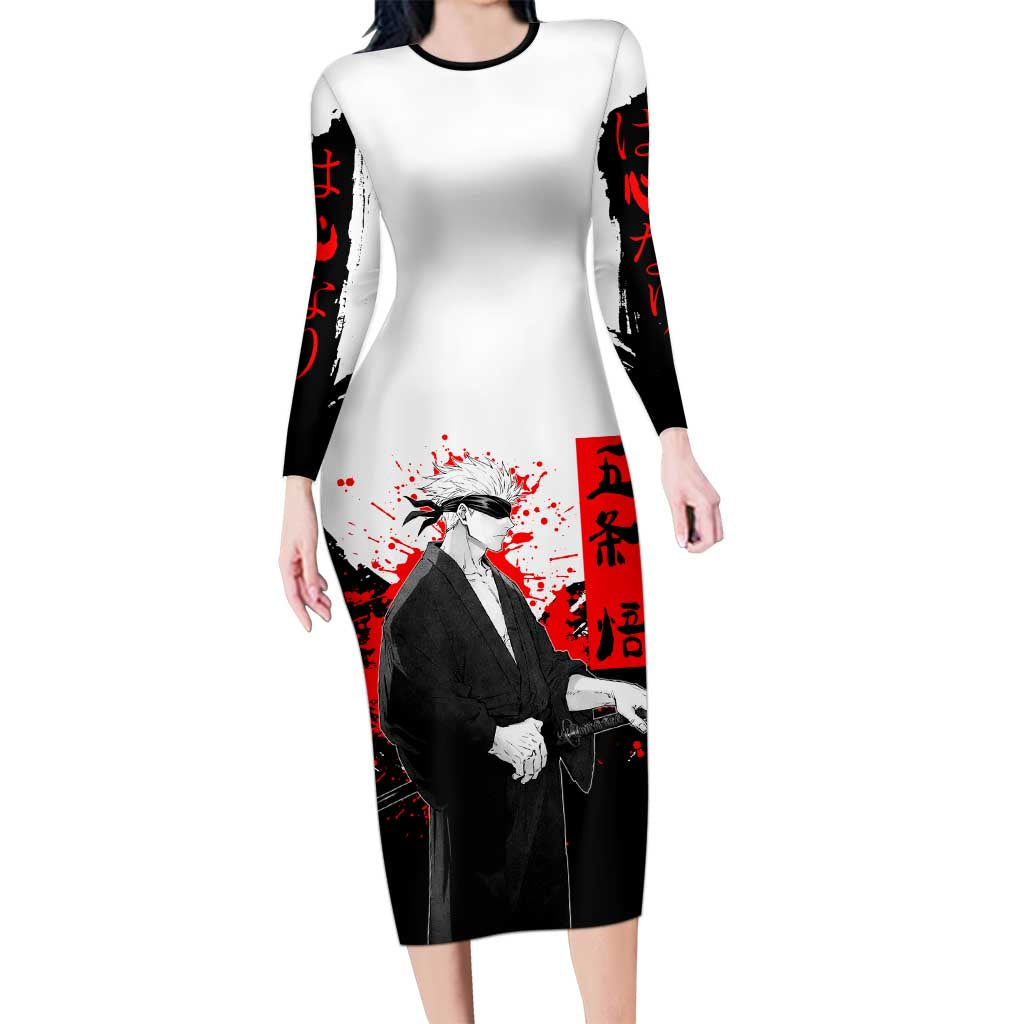 Satoru Gojo Jujutsu Kaisen Samurai Style Long Sleeve Bodycon Dress with Katana, Red Kanji and Oni Mask Illustration - The Mazicc