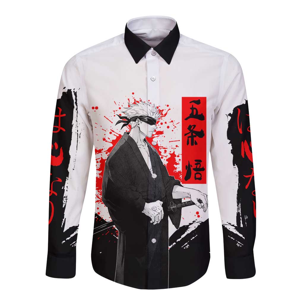 Satoru Gojo Jujutsu Kaisen Samurai Style Long Sleeve Button Shirt with Katana, Red Kanji and Oni Mask Illustration - The Mazicc