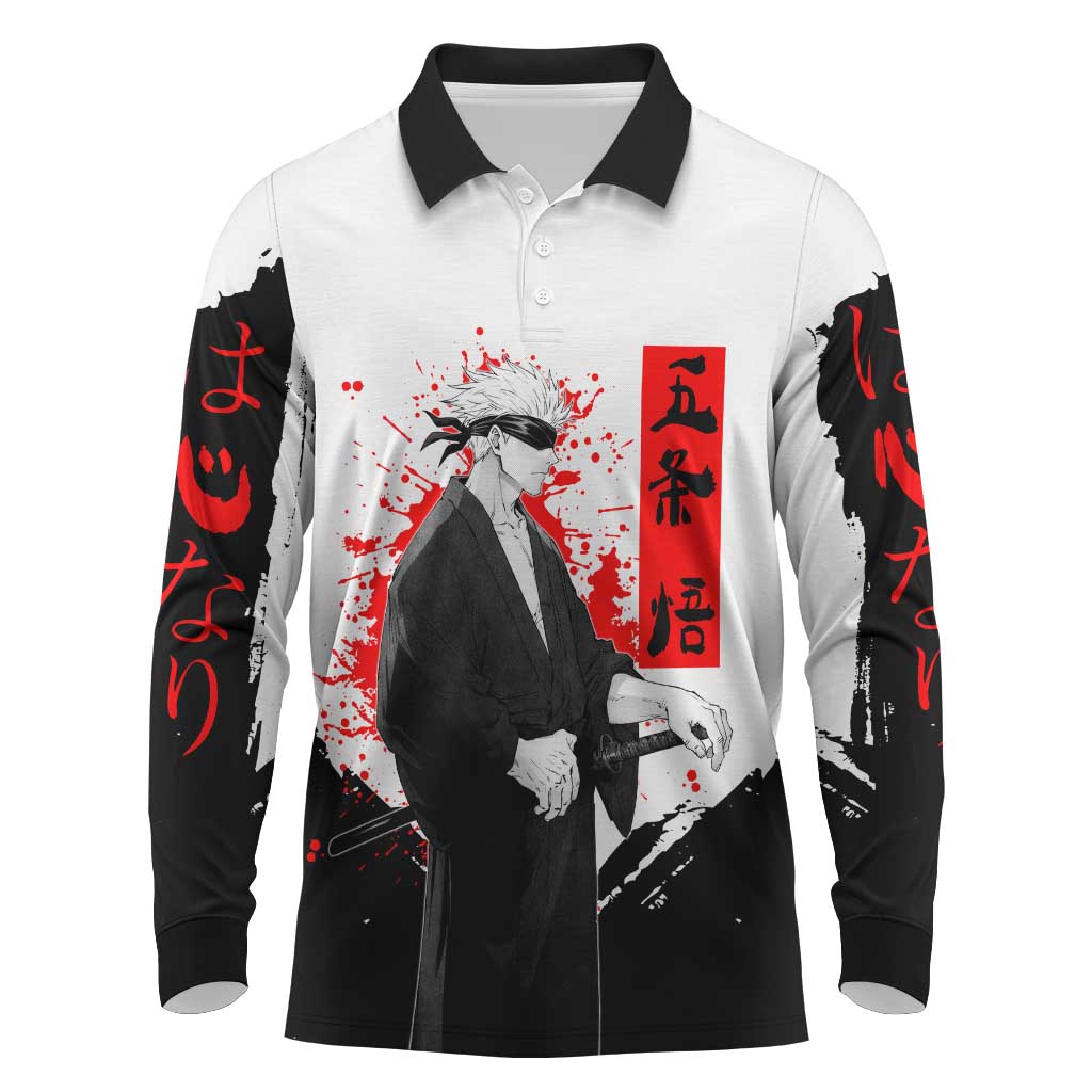 Satoru Gojo Jujutsu Kaisen Samurai Style Long Sleeve Polo Shirt with Katana, Red Kanji and Oni Mask Illustration - The Mazicc