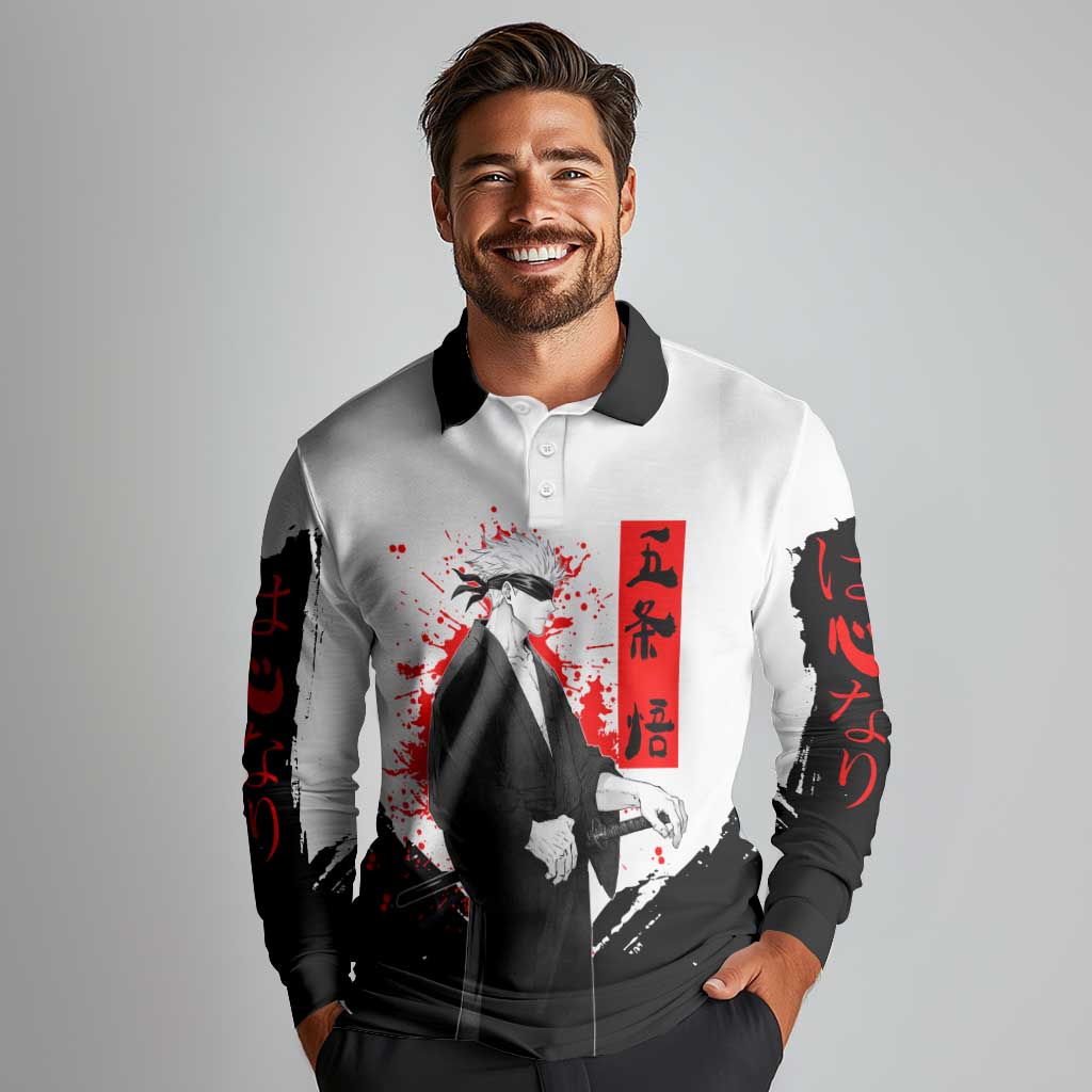 Satoru Gojo Jujutsu Kaisen Samurai Style Long Sleeve Polo Shirt with Katana, Red Kanji and Oni Mask Illustration - The Mazicc