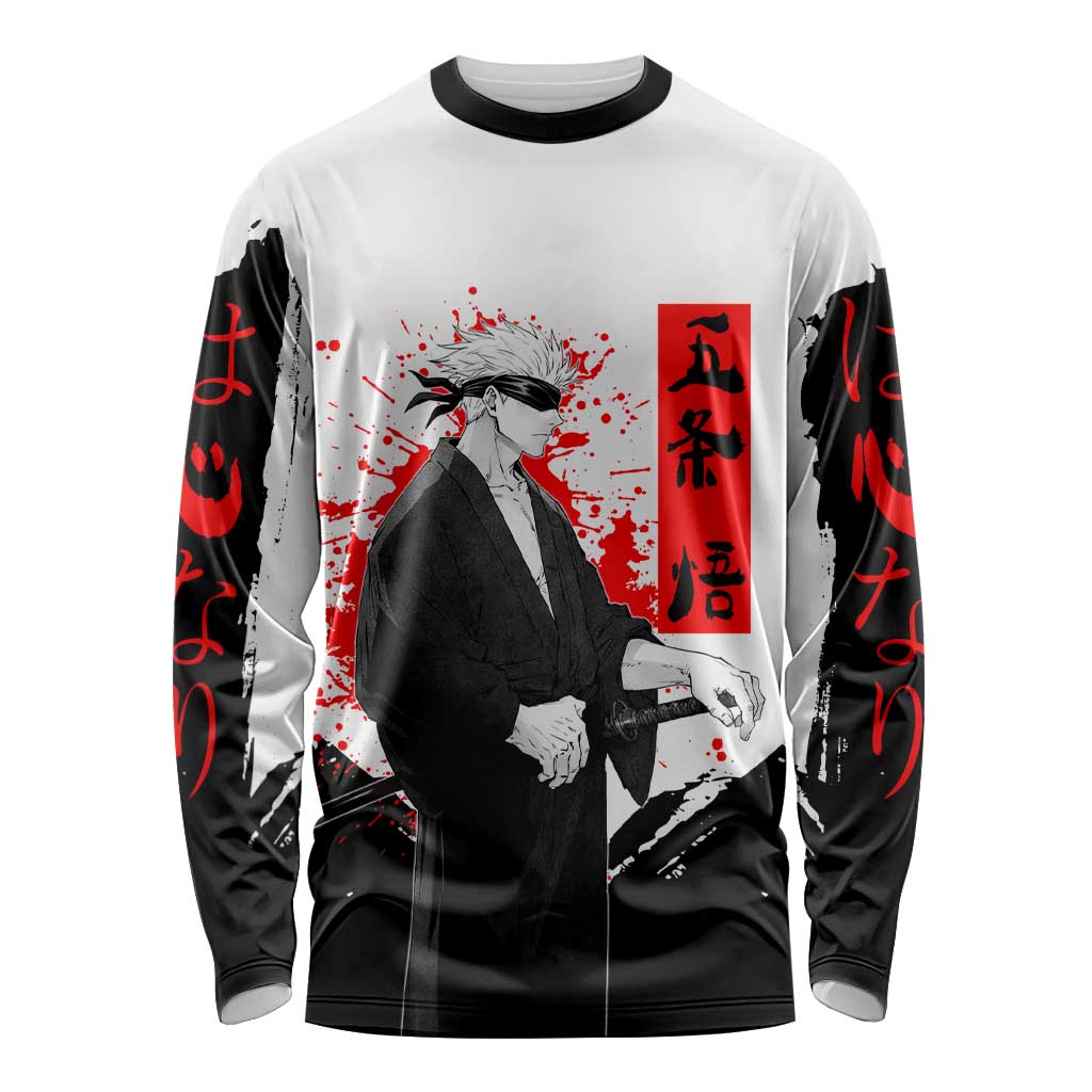 Satoru Gojo Jujutsu Kaisen Samurai Style Long Sleeve Shirt with Katana, Red Kanji and Oni Mask Illustration - The Mazicc