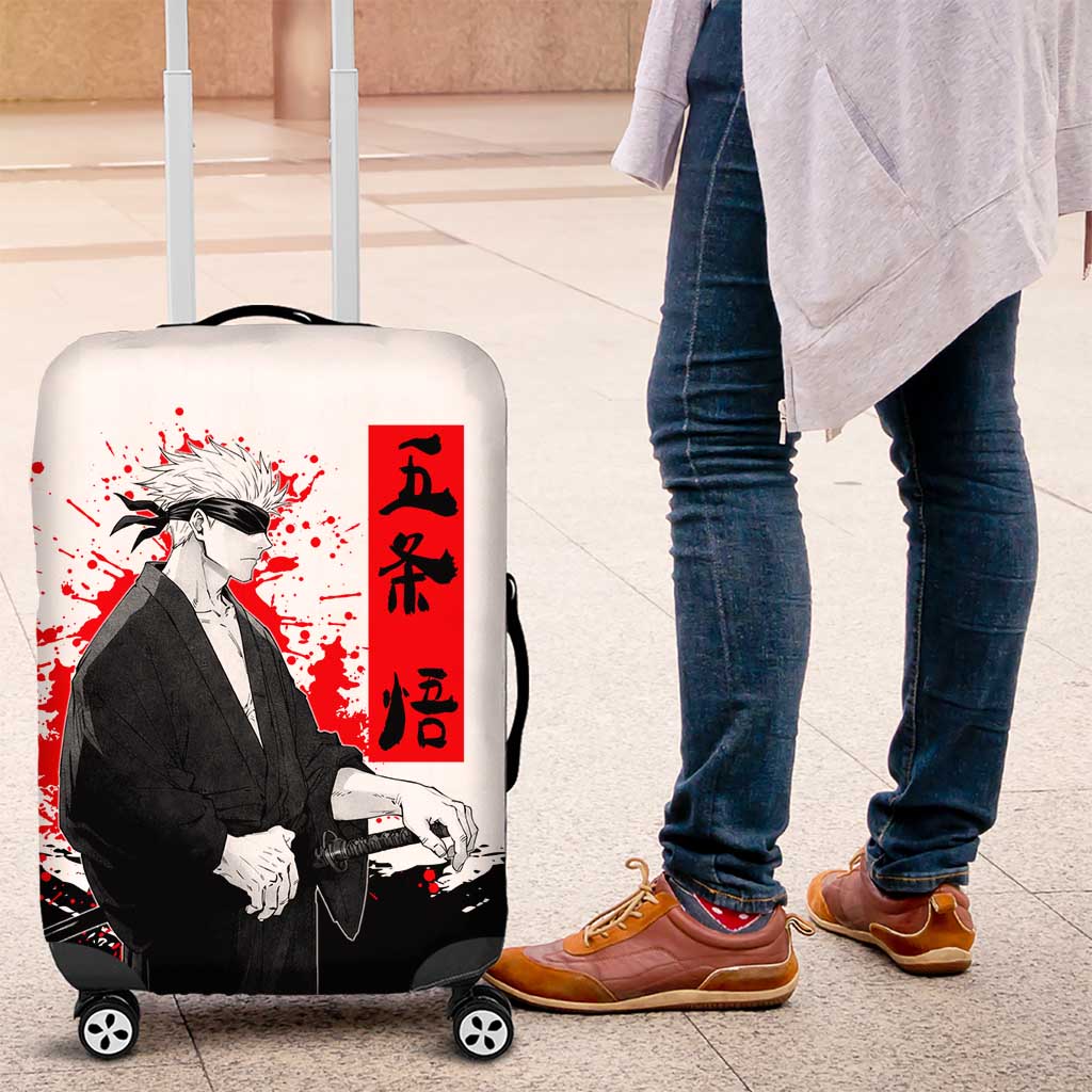 Satoru Gojo Jujutsu Kaisen Samurai Style Luggage Cover with Katana, Red Kanji and Oni Mask Illustration - The Mazicc