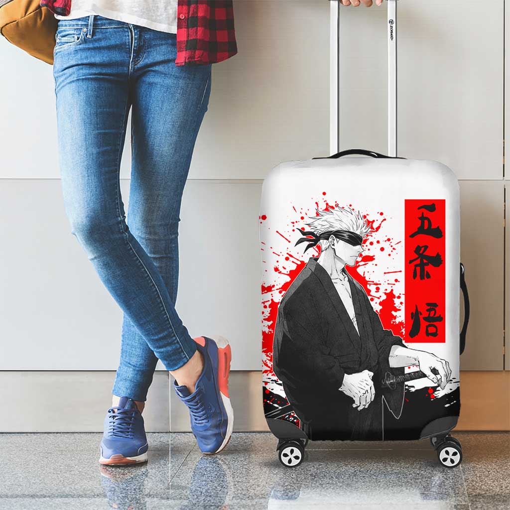 Satoru Gojo Jujutsu Kaisen Samurai Style Luggage Cover with Katana, Red Kanji and Oni Mask Illustration - The Mazicc