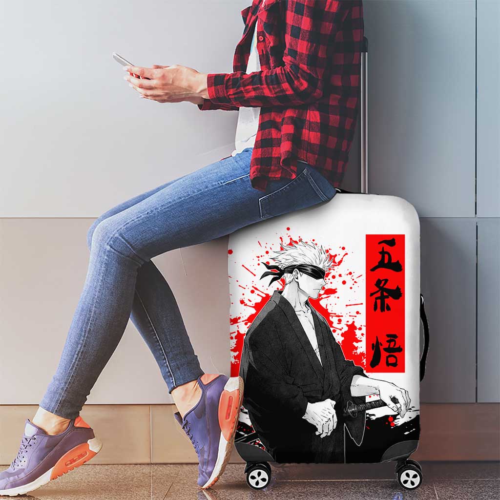 Satoru Gojo Jujutsu Kaisen Samurai Style Luggage Cover with Katana, Red Kanji and Oni Mask Illustration - The Mazicc