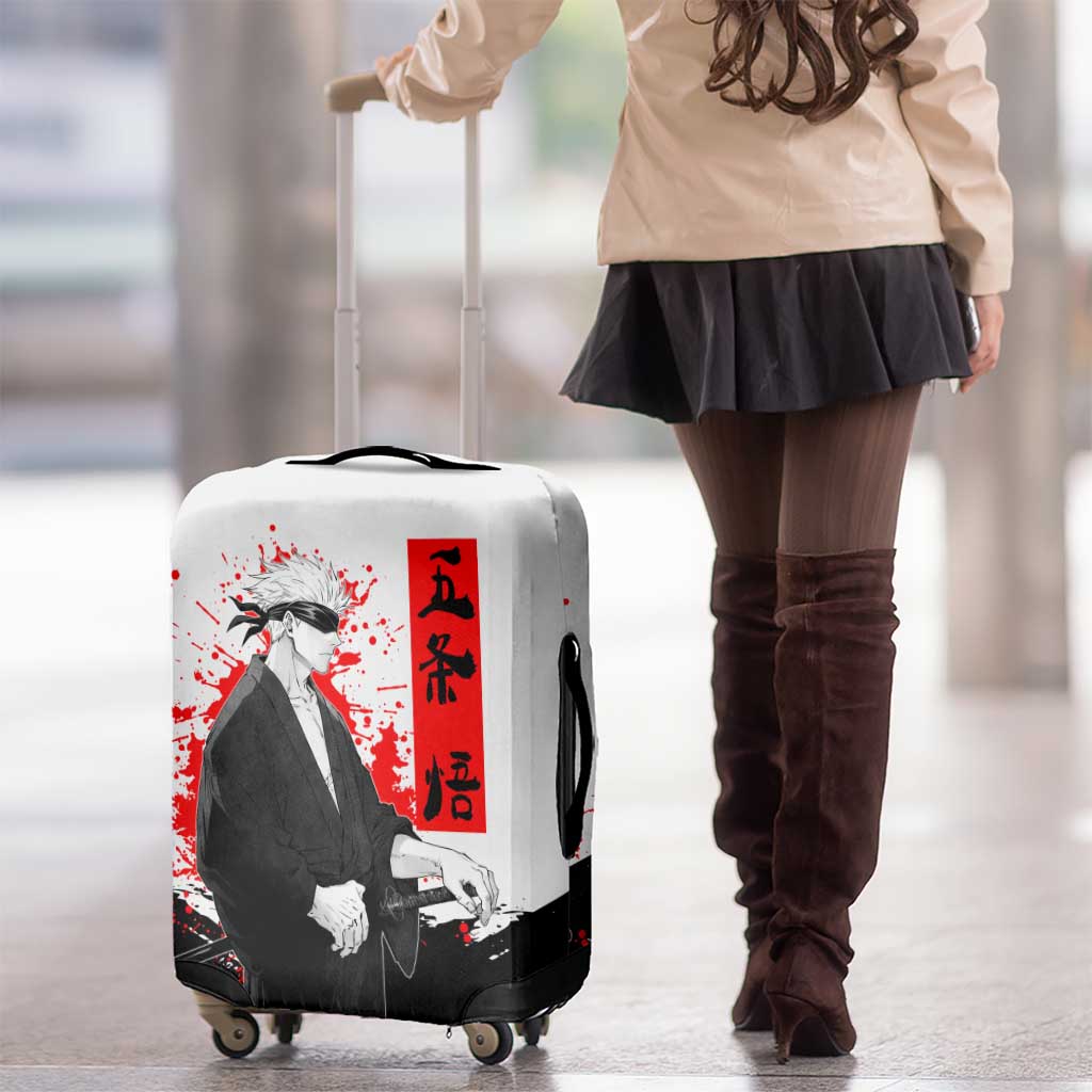 Satoru Gojo Jujutsu Kaisen Samurai Style Luggage Cover with Katana, Red Kanji and Oni Mask Illustration - The Mazicc