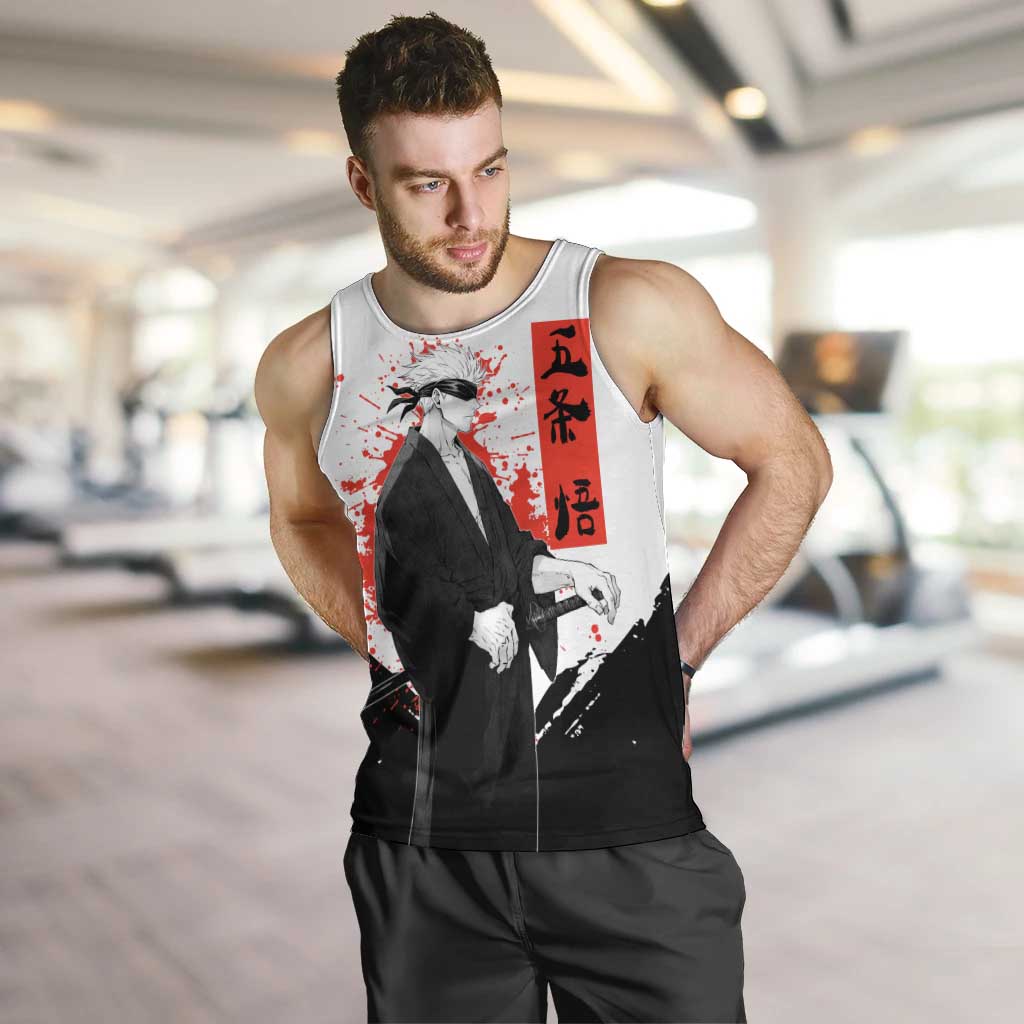 Satoru Gojo Jujutsu Kaisen Samurai Style Men Tank Top with Katana, Red Kanji and Oni Mask Illustration - The Mazicc