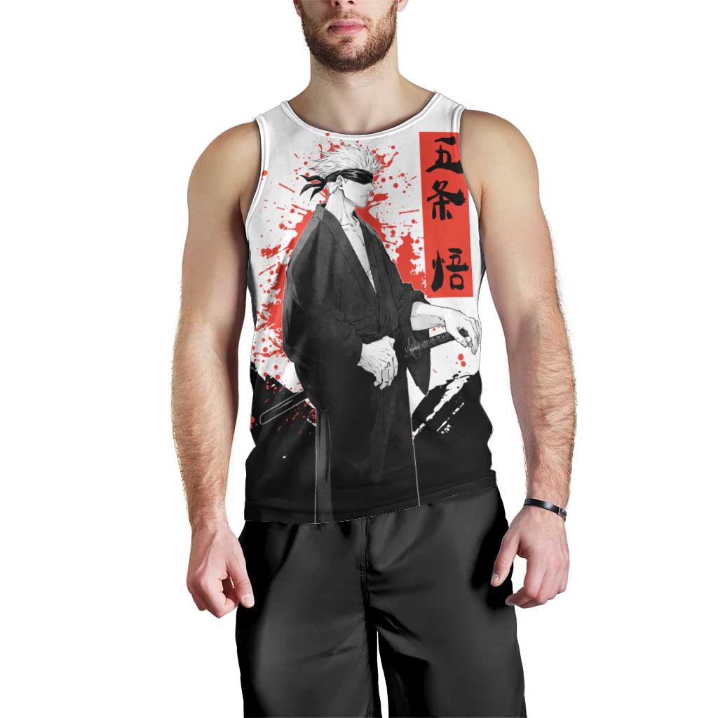 Satoru Gojo Jujutsu Kaisen Samurai Style Men Tank Top with Katana, Red Kanji and Oni Mask Illustration - The Mazicc