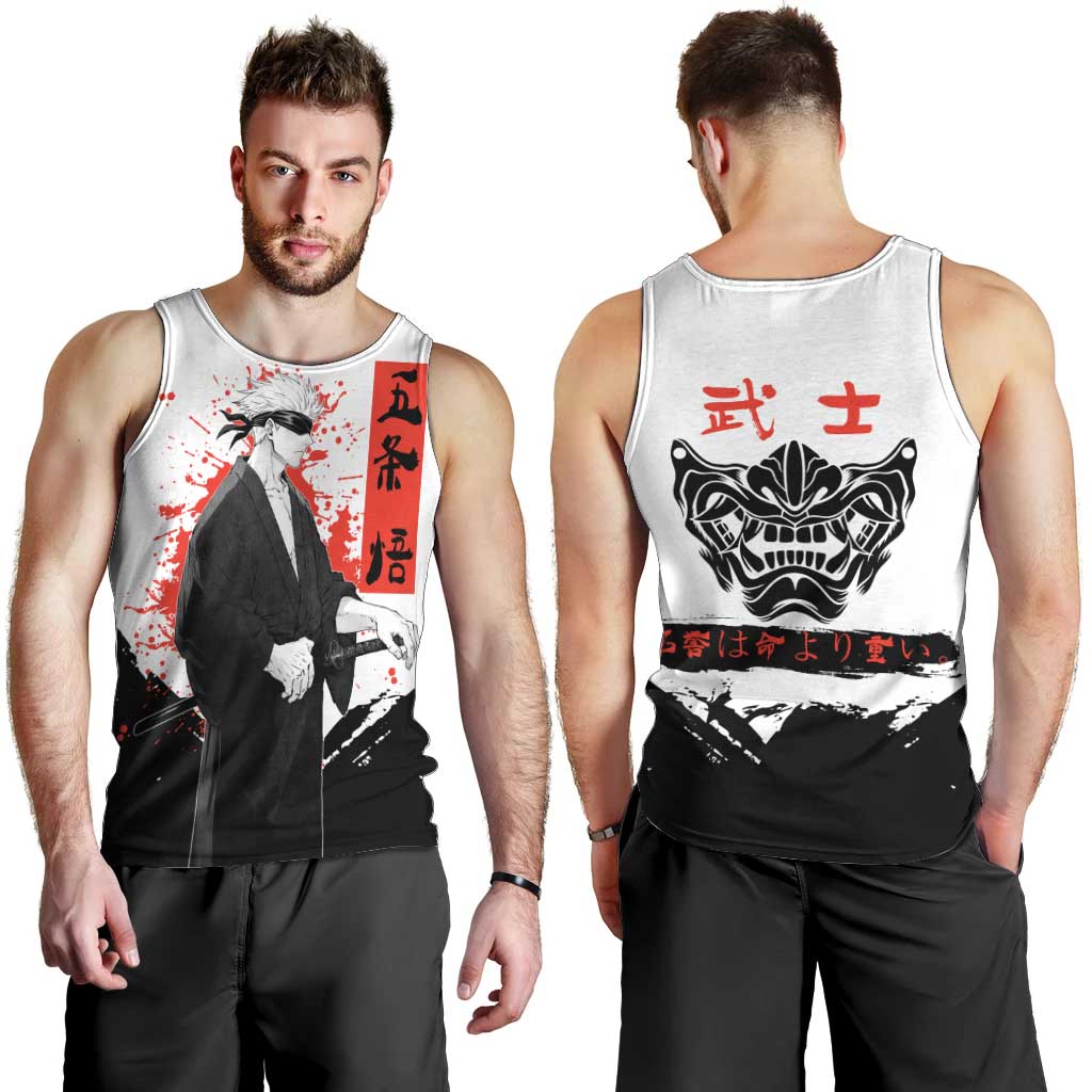 Satoru Gojo Jujutsu Kaisen Samurai Style Men Tank Top with Katana, Red Kanji and Oni Mask Illustration - The Mazicc