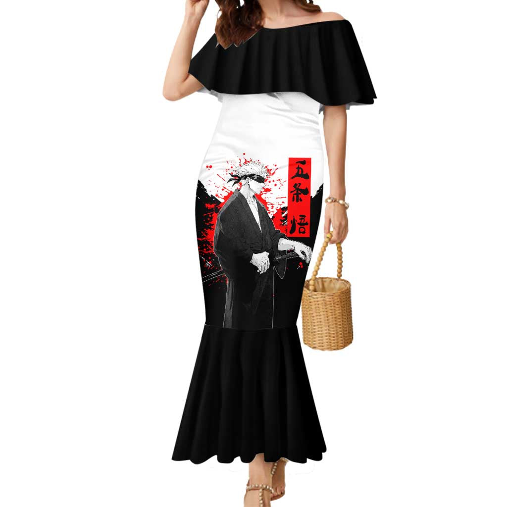 Satoru Gojo Jujutsu Kaisen Samurai Style Mermaid Dress with Katana, Red Kanji and Oni Mask Illustration - The Mazicc