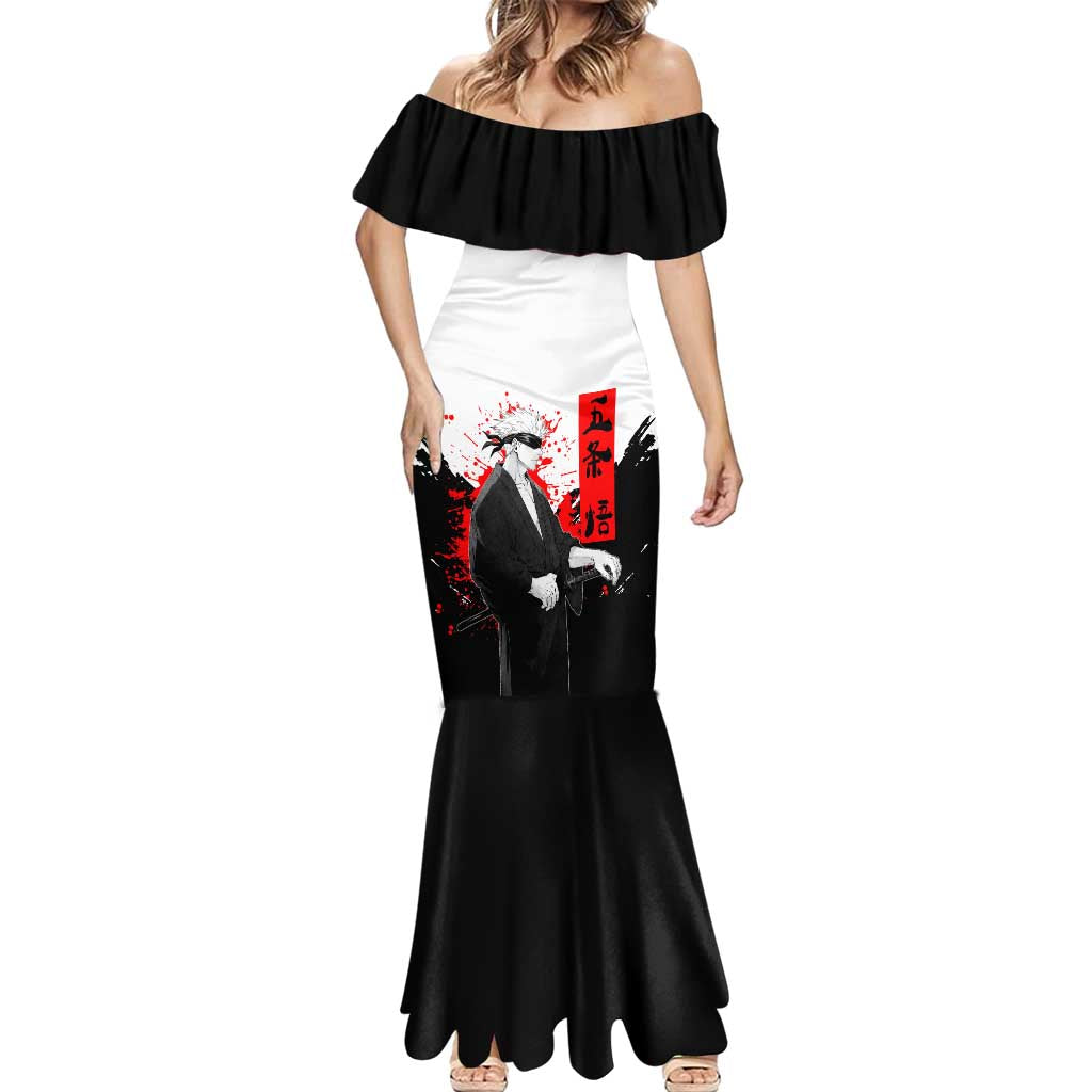 Satoru Gojo Jujutsu Kaisen Samurai Style Mermaid Dress with Katana, Red Kanji and Oni Mask Illustration - The Mazicc