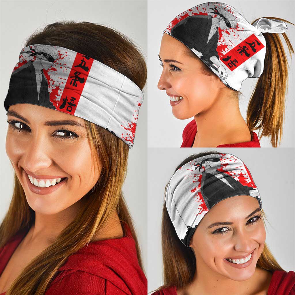 Satoru Gojo Jujutsu Kaisen Samurai Style Neck Gaiter with Katana, Red Kanji and Oni Mask Illustration - The Mazicc