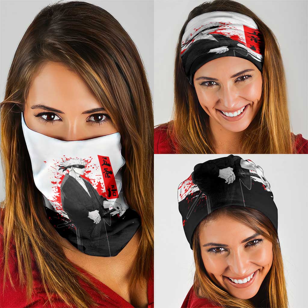 Satoru Gojo Jujutsu Kaisen Samurai Style Neck Gaiter with Katana, Red Kanji and Oni Mask Illustration - The Mazicc