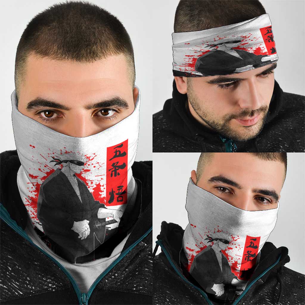 Satoru Gojo Jujutsu Kaisen Samurai Style Neck Gaiter with Katana, Red Kanji and Oni Mask Illustration - The Mazicc