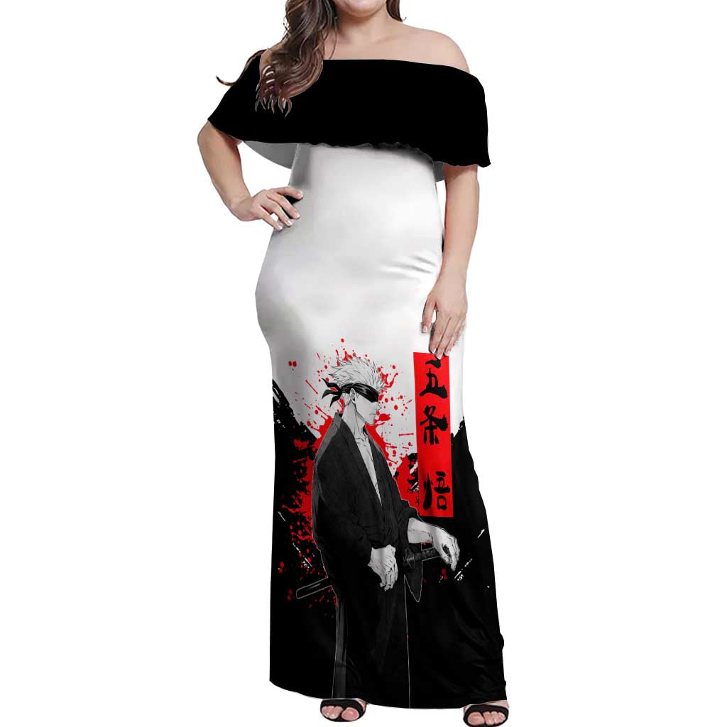 Satoru Gojo Jujutsu Kaisen Samurai Style Off Shoulder Maxi Dress with Katana, Red Kanji and Oni Mask Illustration - The Mazicc