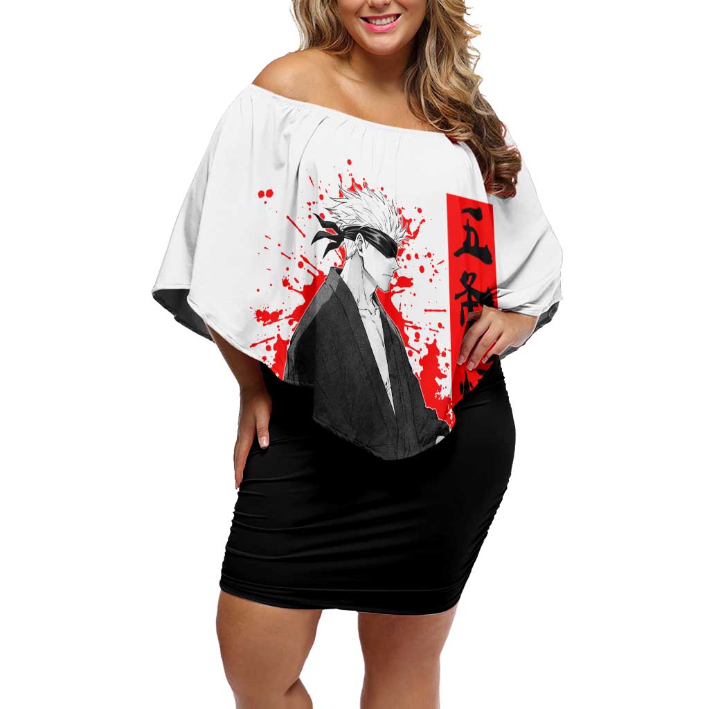 Satoru Gojo Jujutsu Kaisen Samurai Style Off Shoulder Short Dress with Katana, Red Kanji and Oni Mask Illustration - The Mazicc
