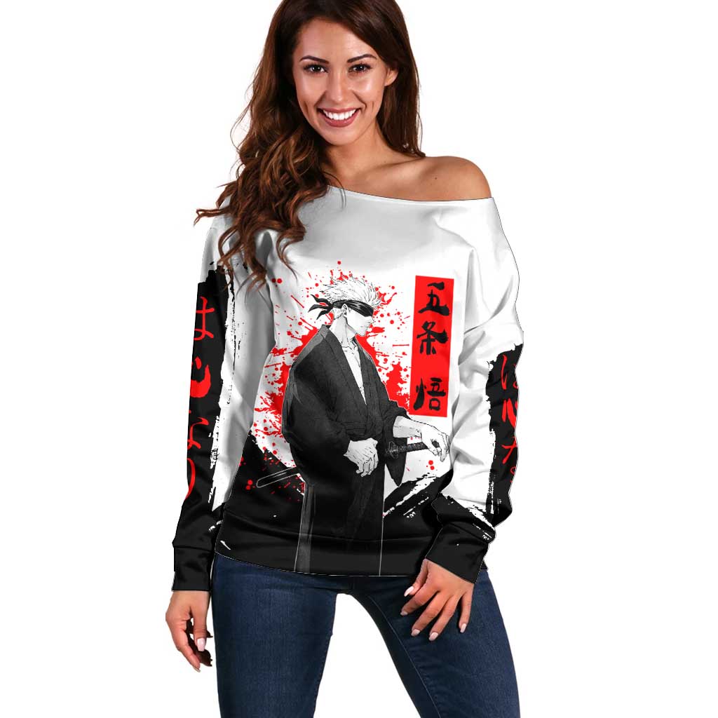 Satoru Gojo Jujutsu Kaisen Samurai Style Off Shoulder Sweater with Katana, Red Kanji and Oni Mask Illustration - The Mazicc