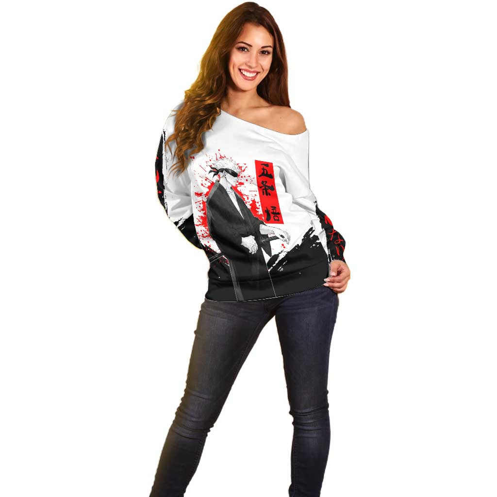 Satoru Gojo Jujutsu Kaisen Samurai Style Off Shoulder Sweater with Katana, Red Kanji and Oni Mask Illustration - The Mazicc