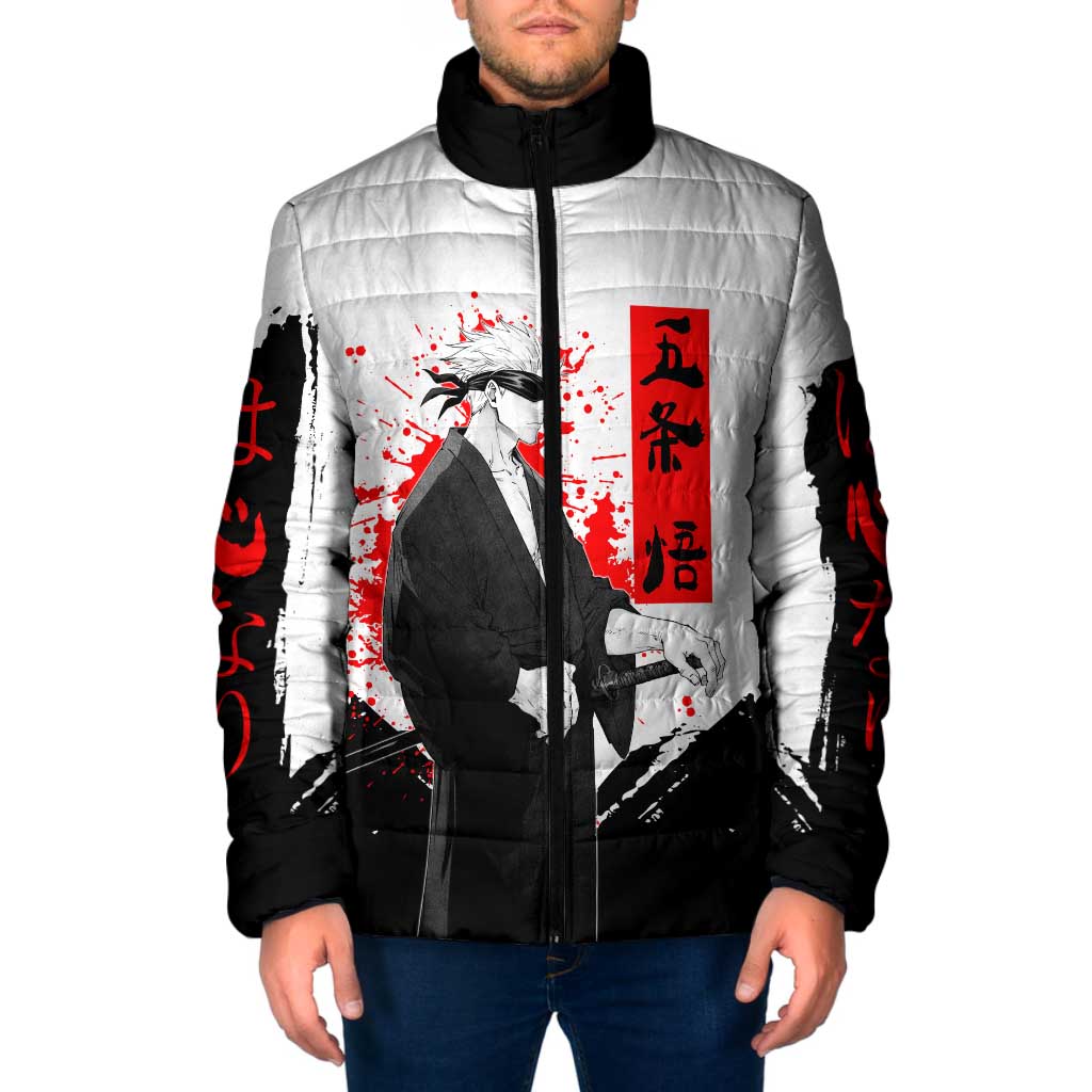 Satoru Gojo Jujutsu Kaisen Samurai Style Padded Jacket with Katana, Red Kanji and Oni Mask Illustration - The Mazicc