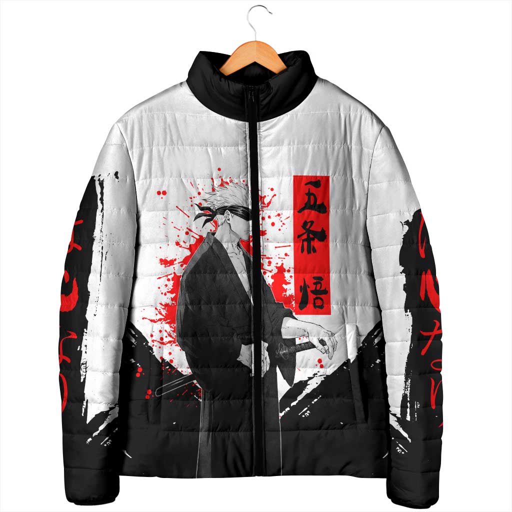 Satoru Gojo Jujutsu Kaisen Samurai Style Padded Jacket with Katana, Red Kanji and Oni Mask Illustration - The Mazicc