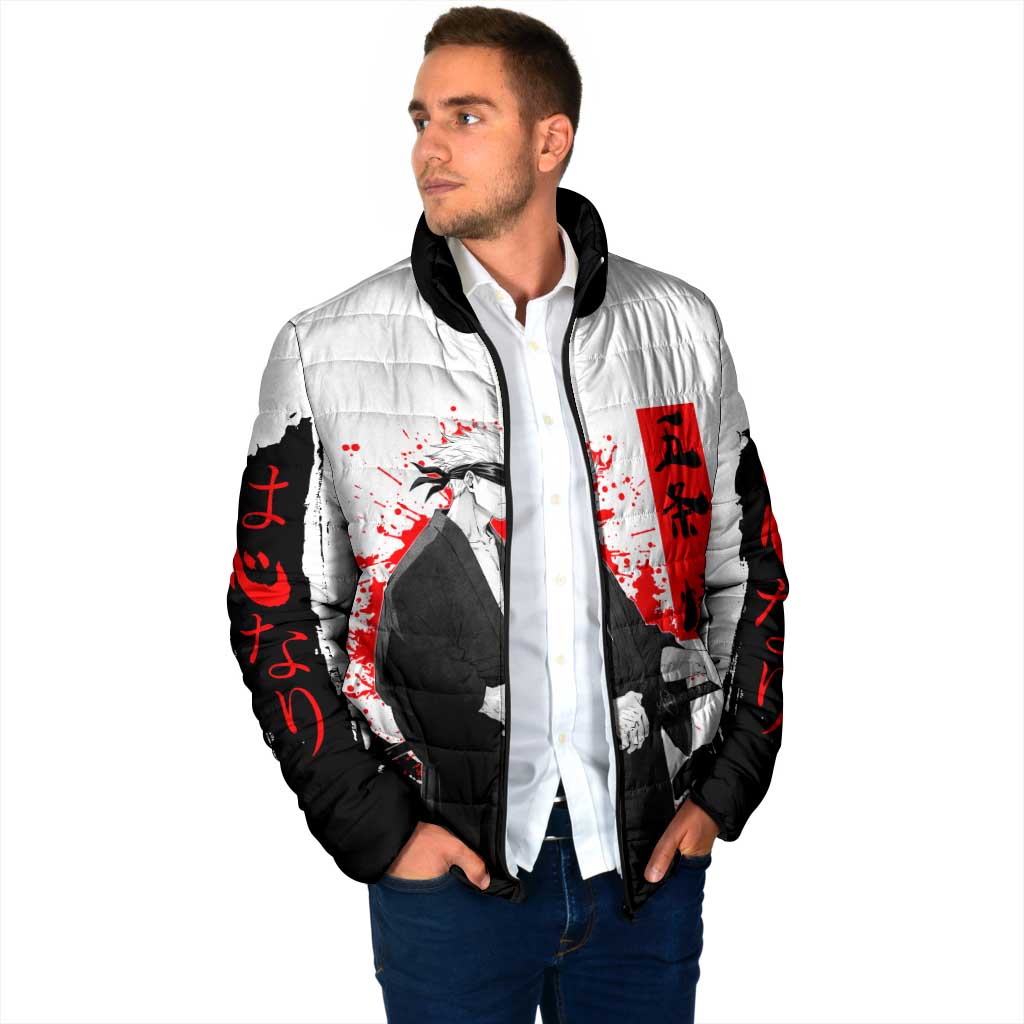 Satoru Gojo Jujutsu Kaisen Samurai Style Padded Jacket with Katana, Red Kanji and Oni Mask Illustration - The Mazicc