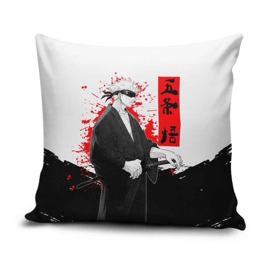 Satoru Gojo Jujutsu Kaisen Samurai Style Pillow Cover with Katana, Red Kanji and Oni Mask Illustration - The Mazicc